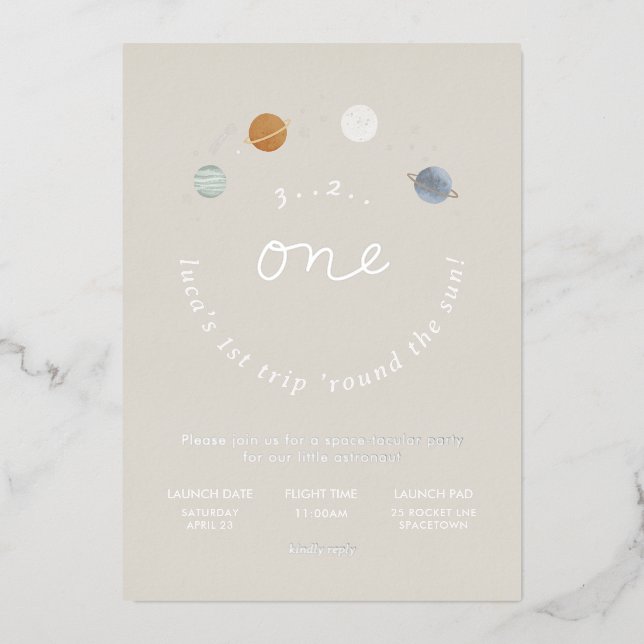 First Trip Space Theme 1st Birthday Foil Invite (Front)