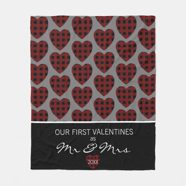 First Valentines Day As Mr And Mrs Buffalo Plaid H Fleece Blanket (Front)