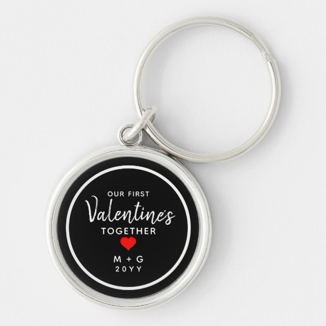 First Valentines Day Couples Red Heart Monogram Key Ring (Front)