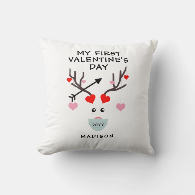 First Valentines Day Cute Baby Heart Deer Monogram Cushion (Front)