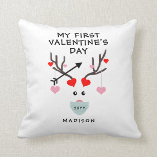 First Valentines Day Cute Baby Heart Deer Monogram Cushion