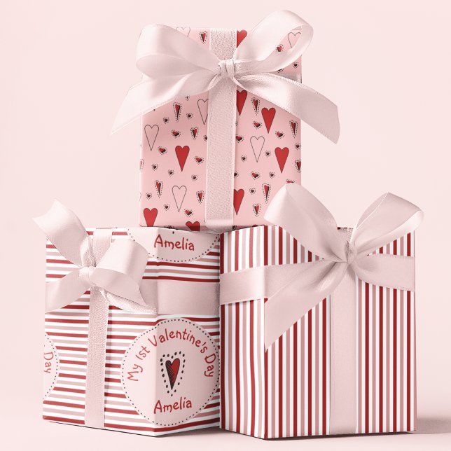 First Valentines Day Pink and Red Stripes & Hearts Wrapping Paper Sheet (Cute My 1st Valentine's Day Wrapping Paper for Baby Girl. Pink, Red and White Stripes & Red Hearts.)