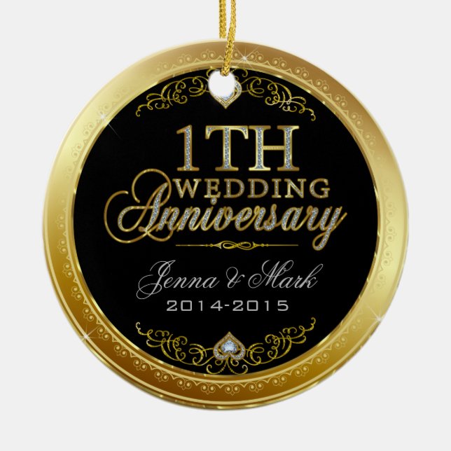 First Wedding Anniversary Gold And Diamonds Ceramic Tree Decoration (Front)