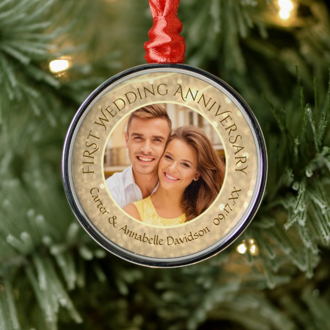 First Wedding Anniversary | Gold Sparkle Photo Metal Ornament (Tree)