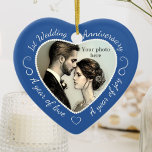 First Wedding Anniversary Photo Ceramic Tree Decoration<br><div class="desc">A 1st wedding anniversary is a truly special occasion. Celebrate the first year of marriage with a custom photo ornament in a delightful heart shape frame. Simply upload your own photo of the happy couple and it will appear in the cutout. The blue surround features a white script font and...</div>