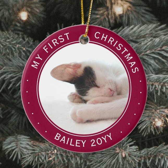 First Xmas Custom Pet Photo Modern Elegant Red Ceramic Ornament (Creator Uploaded)