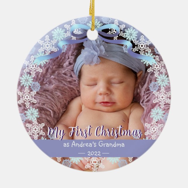 First Xmas Grandma Snowflakes Soft Blue Purple  Ceramic Ornament (Back)