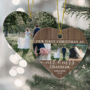 First Xmas Mr & Mrs 4 Photo Rustic Faux Wood Heart Ceramic Ornament