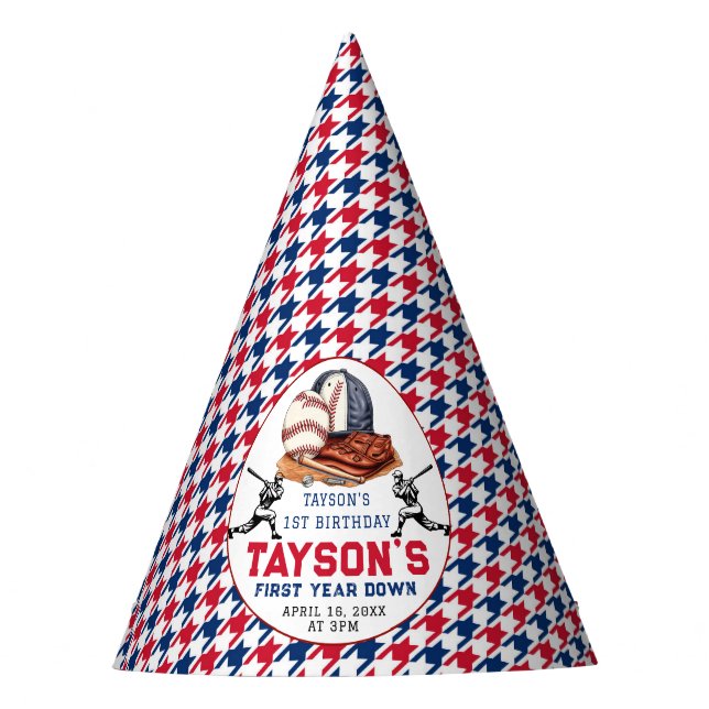 First Year Down Baseball 1st Birthday Party Hat (Front)