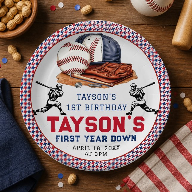 First Year Down Baseball 1st Birthday Party Paper Plate (First Year Down Baseball 1st Birthday Party Paper Plates)