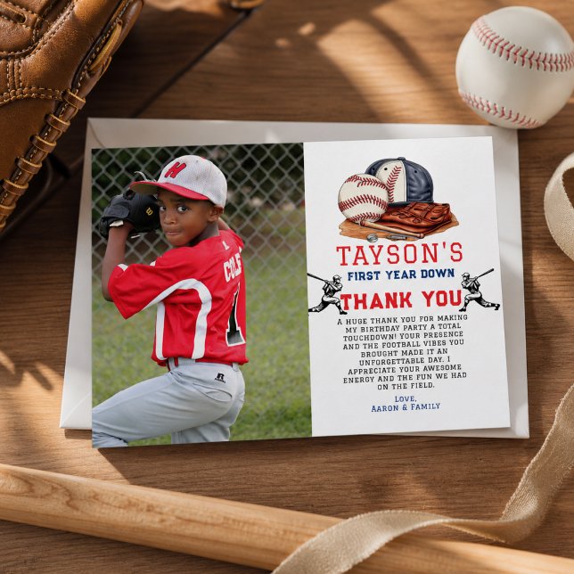 First Year Down Baseball 1st Birthday Thank You Card (First Year Down Baseball 1st Birthday Thank You Card)