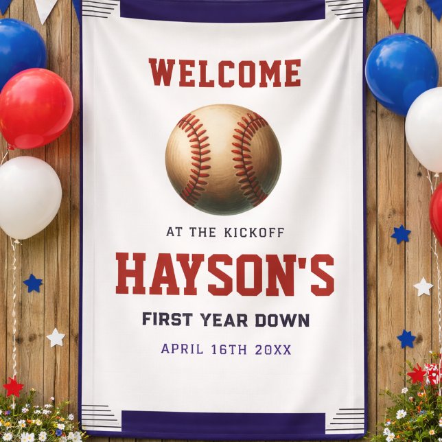  First Year Down Baseball 1st Birthday Welcome Banner (First Year Down Baseball 1st Birthday Party Banner)