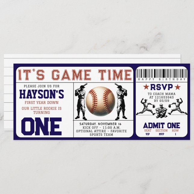 First Year Down Baseball Ticket 1st Birthday Invitation (Front/Back)