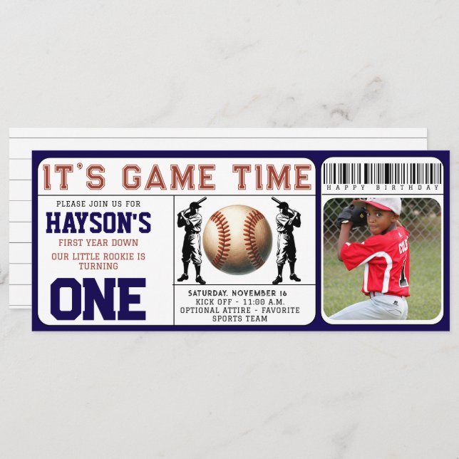 First Year Down Baseball Ticket 1st Birthday Invitation (Front/Back)