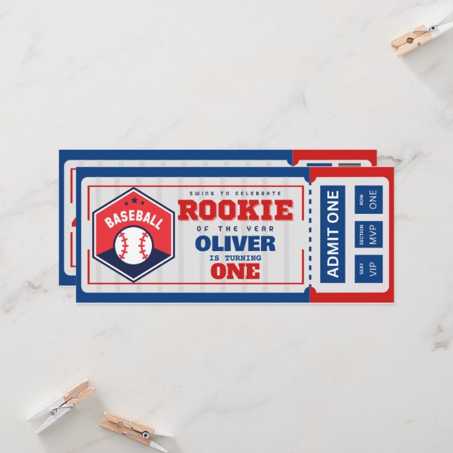 first year down baseball ticket birthday  invitation (Front/Back In Situ)