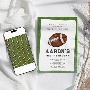 First Year Down Boy Football 1st Birthday Party Invitation