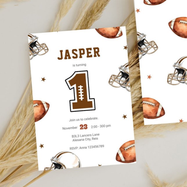 First Year Down Football | 1st Birthday Number 1 Invitation (rookie of the year, first birthday party, boy birthday party invite, football, football birthday par)