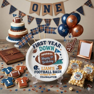 First Year Down Football 1st Birthday Paper Plate