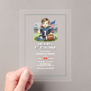 First Year Down Football 1st Birthday Party Acrylic Invitations