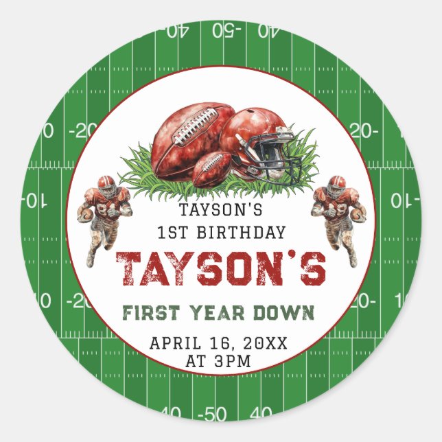 First Year Down Football 1st Birthday Party Classic Round Sticker (Front)