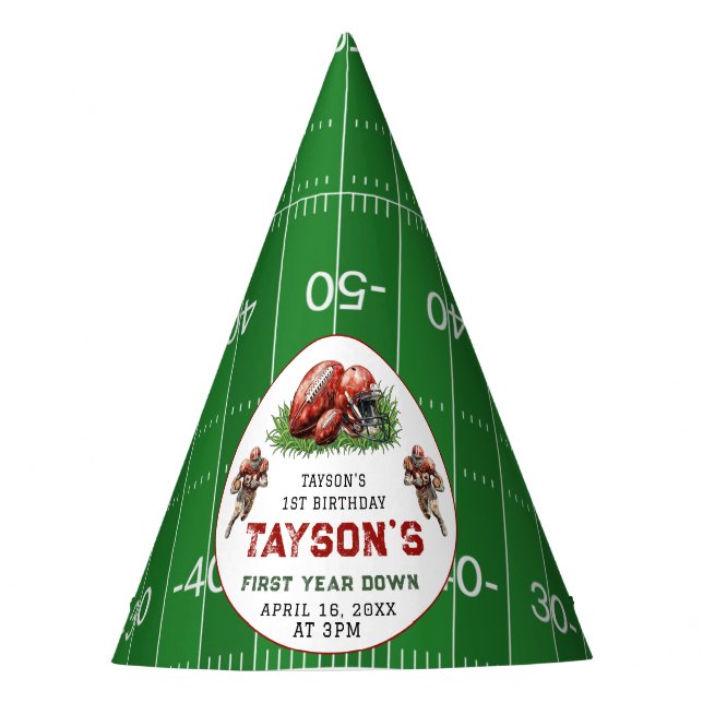 First Year Down Football 1st Birthday Party Hat (Front)