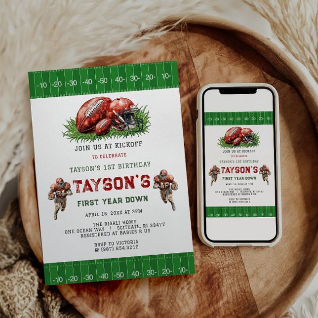 First Year Down Football 1st Birthday Party Invitation (Creator Uploaded)