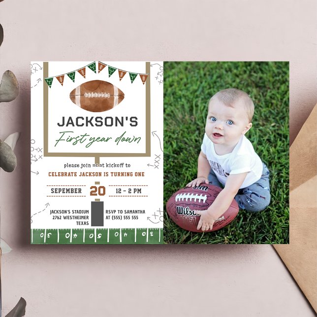 First Year Down Football 1st Birthday Party Photo Invitation (Creator Uploaded)