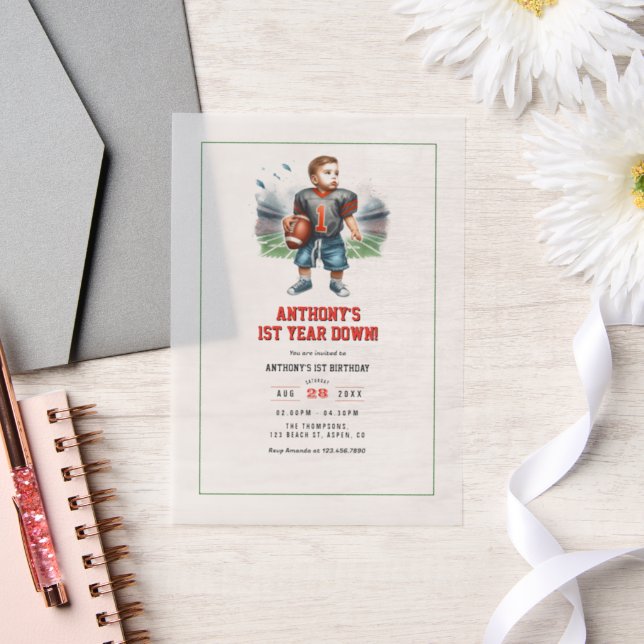 First Year Down Football 1st Birthday Party Vellum Invitations (Wedding)