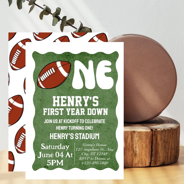First Year Down Football 1st Birthday Party Wavy Invitation (Creator Uploaded)