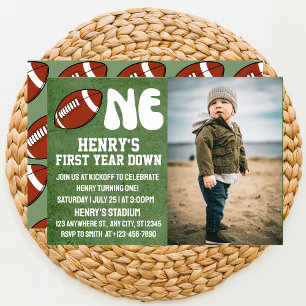 First Year Down Football 1st Birthday Photo  Invitation