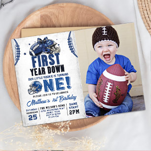 First Year Down Football 1st Birthday Photo Invitation