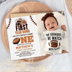 First Year Down Football 1st Birthday Photo Invitation