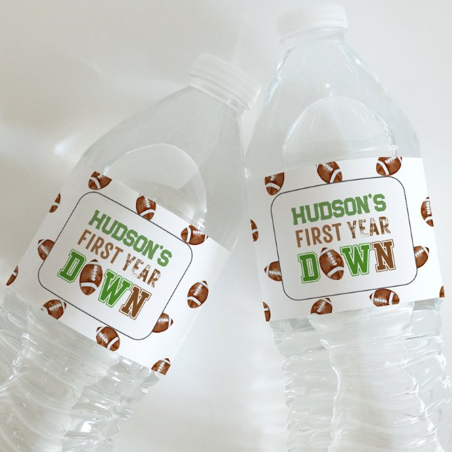 First Year Down Football 1st Birthday Water Bottle Label (Creator Uploaded)