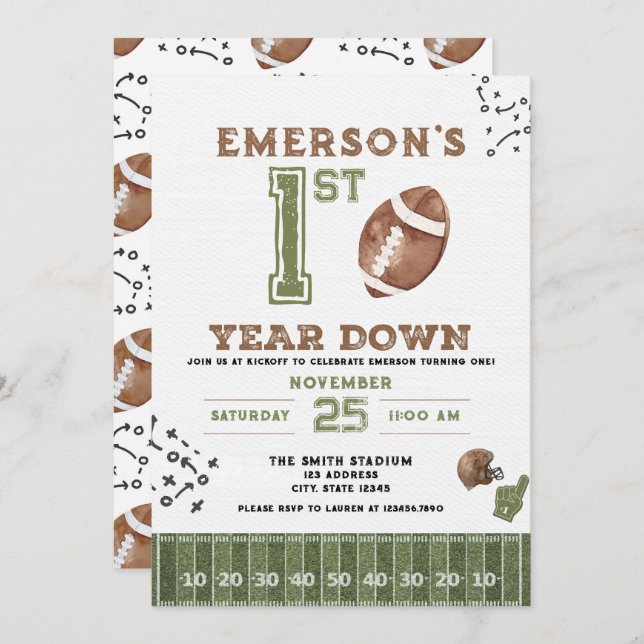 First Year Down Football Birthday Invitation, 2nd  Invitation (Front/Back)