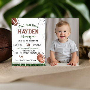 First Year Down Football Birthday Photo Invitation