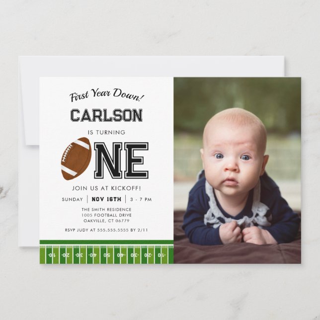 First Year Down Football Boy First Birthday Photo Invitation (Front)