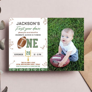 First Year Down Football First Birthday Photo Invitation