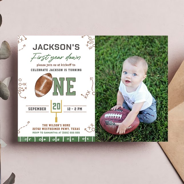 First Year Down Football First Birthday Photo Invitation (Creator Uploaded)