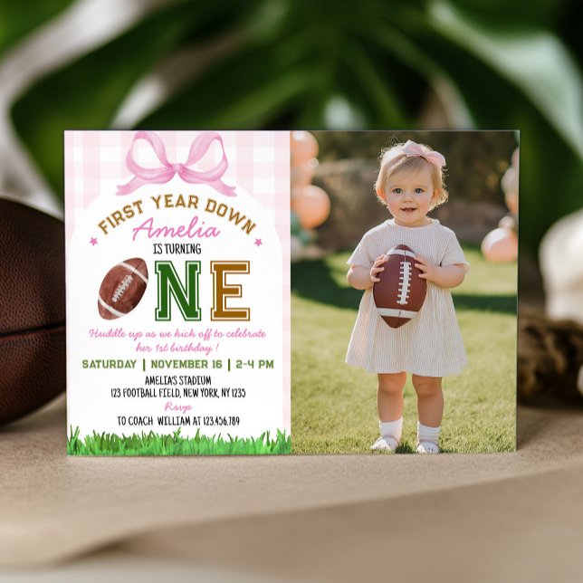 First Year Down Football Girl 1st Birthday Photo Invitation (Creator Uploaded)