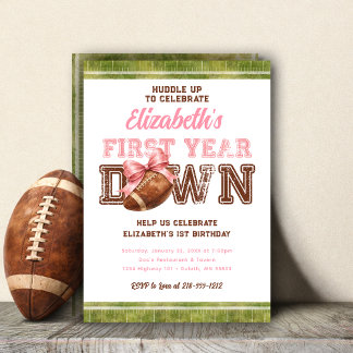 First Year Down Football Girly 1st Birthday Invitation