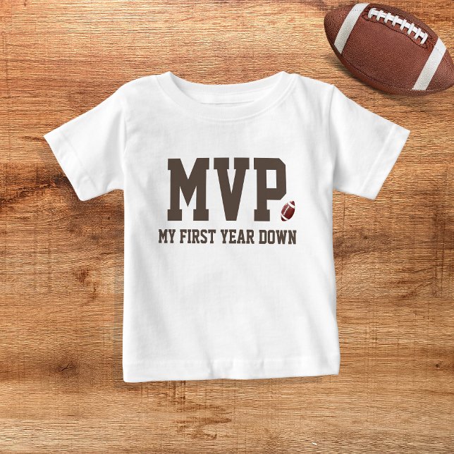 First Year Down Football MVP Birthday Boy  Baby T-Shirt (MVP t-shirt for birthday boy - inspired by football - "First year down")