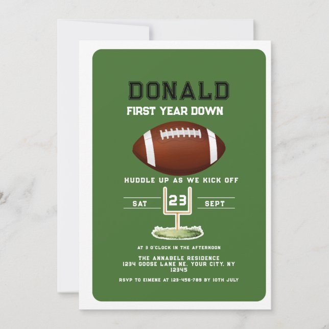First Year Down Football sport 1st birthday Invitation (Front)