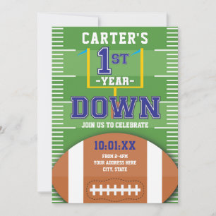 First Year Down Football Theme Boys First Birthday Invitation
