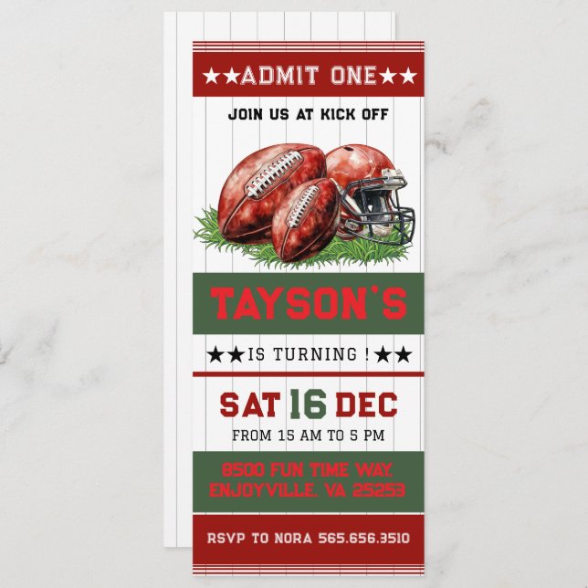 First Year Down Football Ticket 1st Birthday Party Invitation (Front/Back)