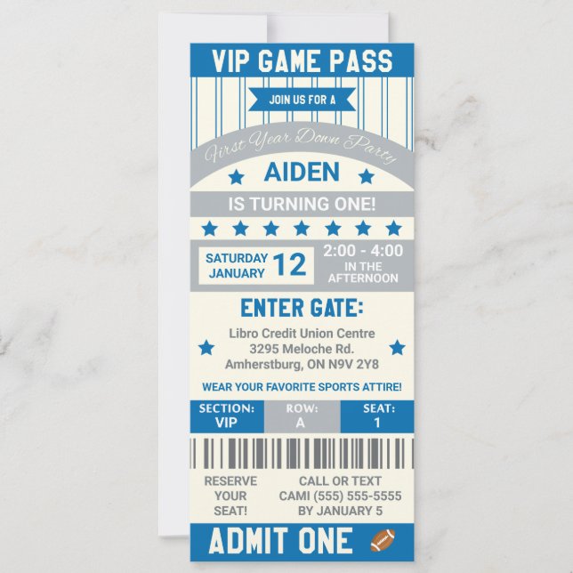 First Year Down! Football Ticket Birthday Invitation (Front)