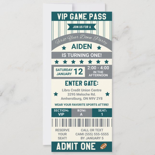 First Year Down! Football Ticket Birthday Invitation (Front)