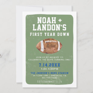 First Year Down Football, Twin 1st Birthday Party  Invitation