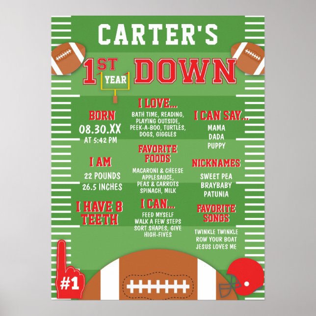First Year Down Red Football 1st Birthday Foam  Poster (Front)