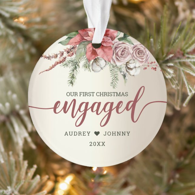 First Year Engaged Poinsettia Floral Christmas Ornament (Tree)