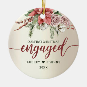 First Year Engaged Red Poinsettia Floral Christmas Ceramic Ornament